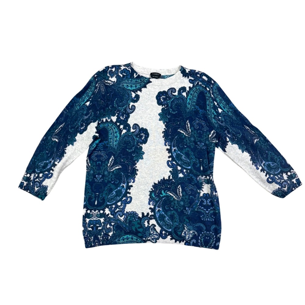 Talbots Pure Cashmere Paisley Print Sweater Blue Gray Crewneck Pullover XL